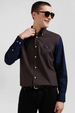 Regular brown and navy oxford cotton shirt N°10 embroidery