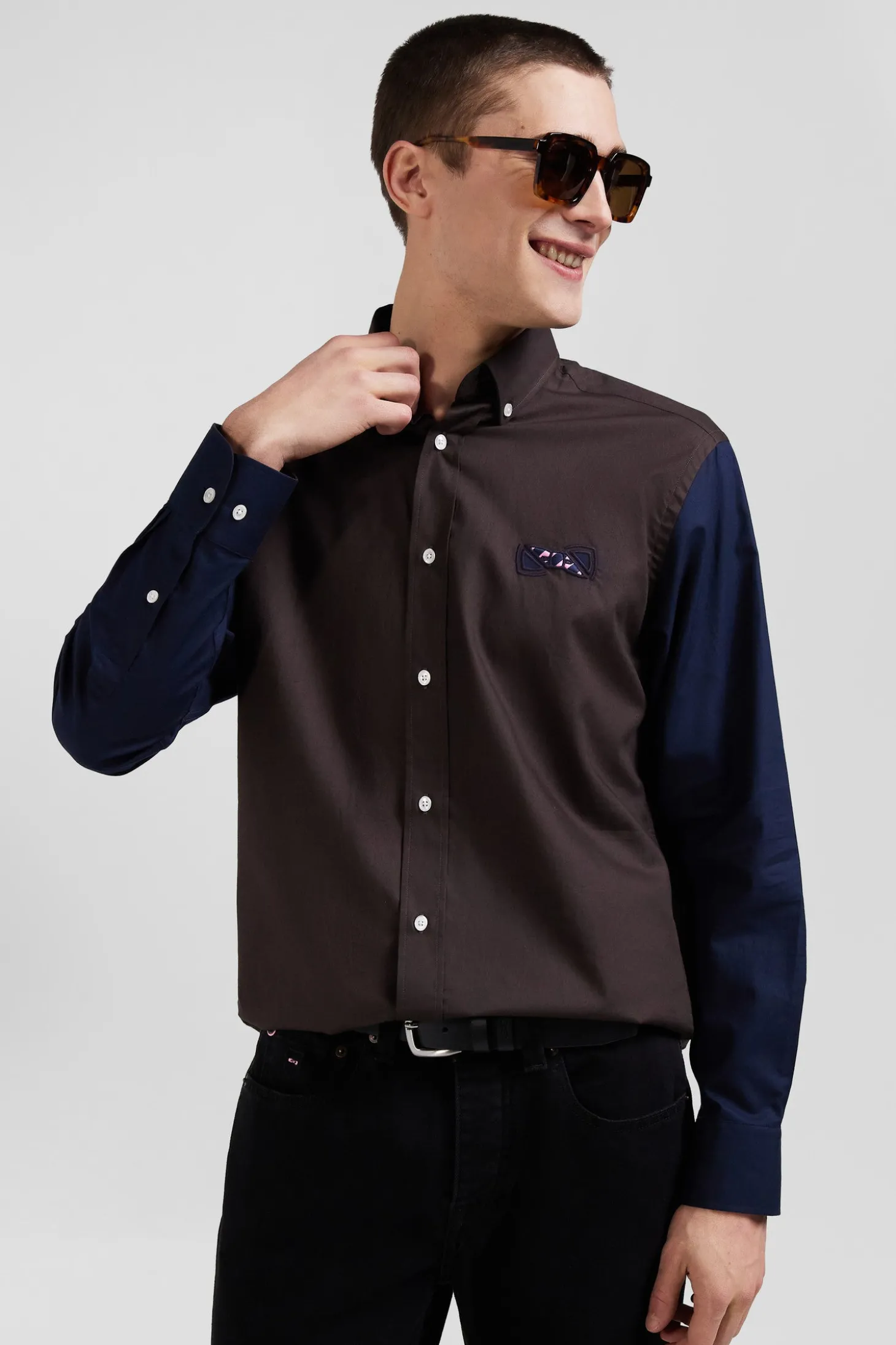 Regular brown and navy oxford cotton shirt N°10 embroidery