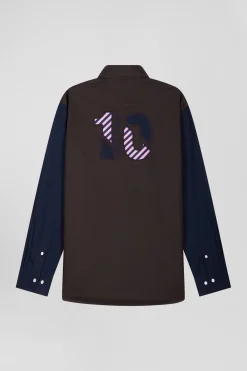 Regular brown and navy oxford cotton shirt N°10 embroidery