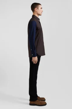 Regular brown and navy oxford cotton shirt N°10 embroidery