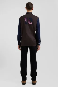 Regular brown and navy oxford cotton shirt N°10 embroidery