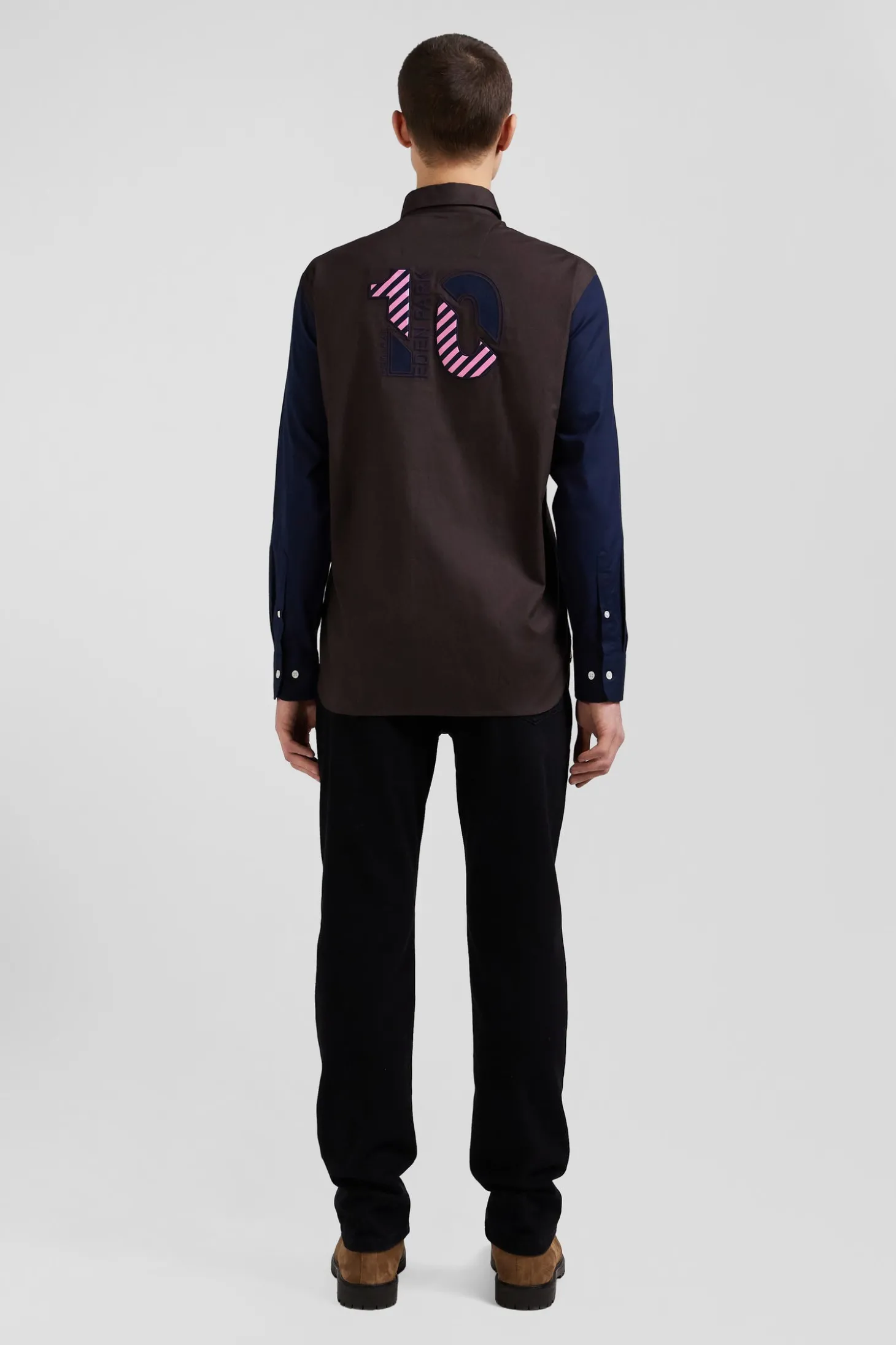 Regular brown and navy oxford cotton shirt N°10 embroidery