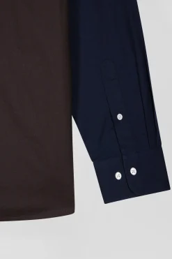 Regular brown and navy oxford cotton shirt N°10 embroidery