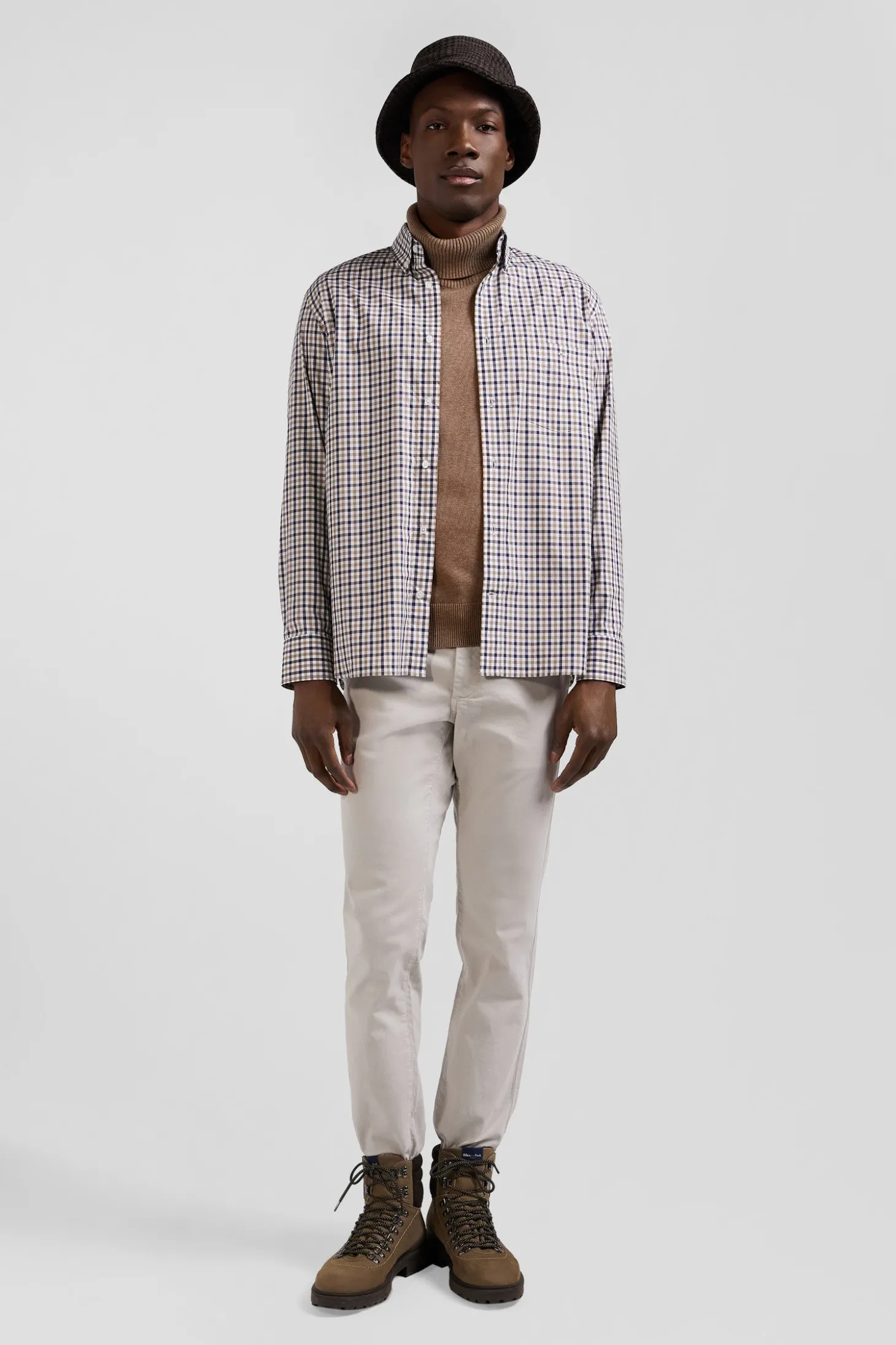 Regular brown and white checked cotton poplin shirt