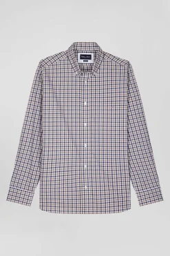 Regular brown and white checked cotton poplin shirt