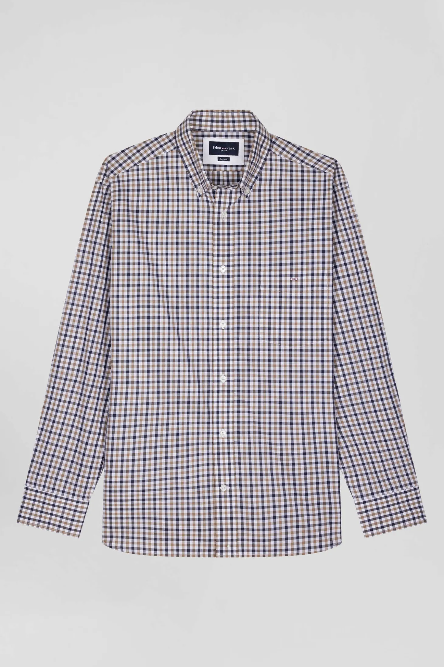 Regular brown and white checked cotton poplin shirt