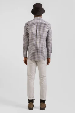 Regular brown and white checked cotton poplin shirt