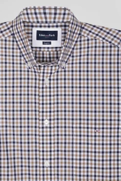 Regular brown and white checked cotton poplin shirt