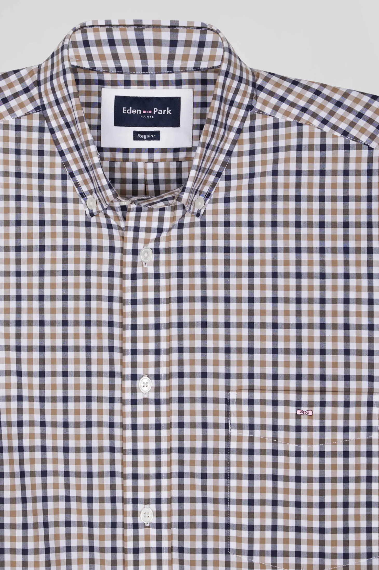 Regular brown and white checked cotton poplin shirt