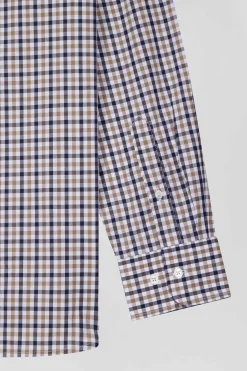Regular brown and white checked cotton poplin shirt