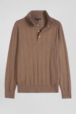 Regular brown cotton and cashmere jumper with rugby shirt collar