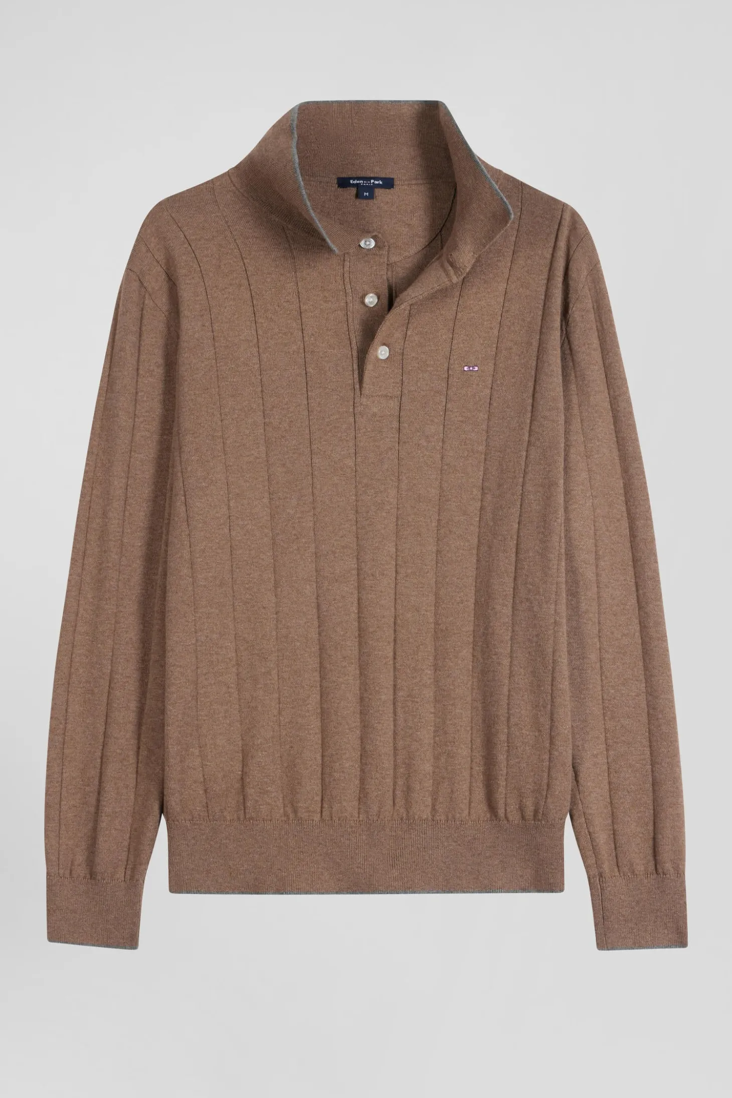 Regular brown cotton and cashmere jumper with rugby shirt collar