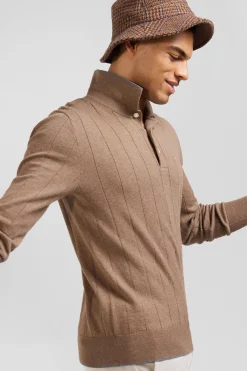 Regular brown cotton and cashmere jumper with rugby shirt collar