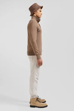 Regular brown cotton and cashmere jumper with rugby shirt collar
