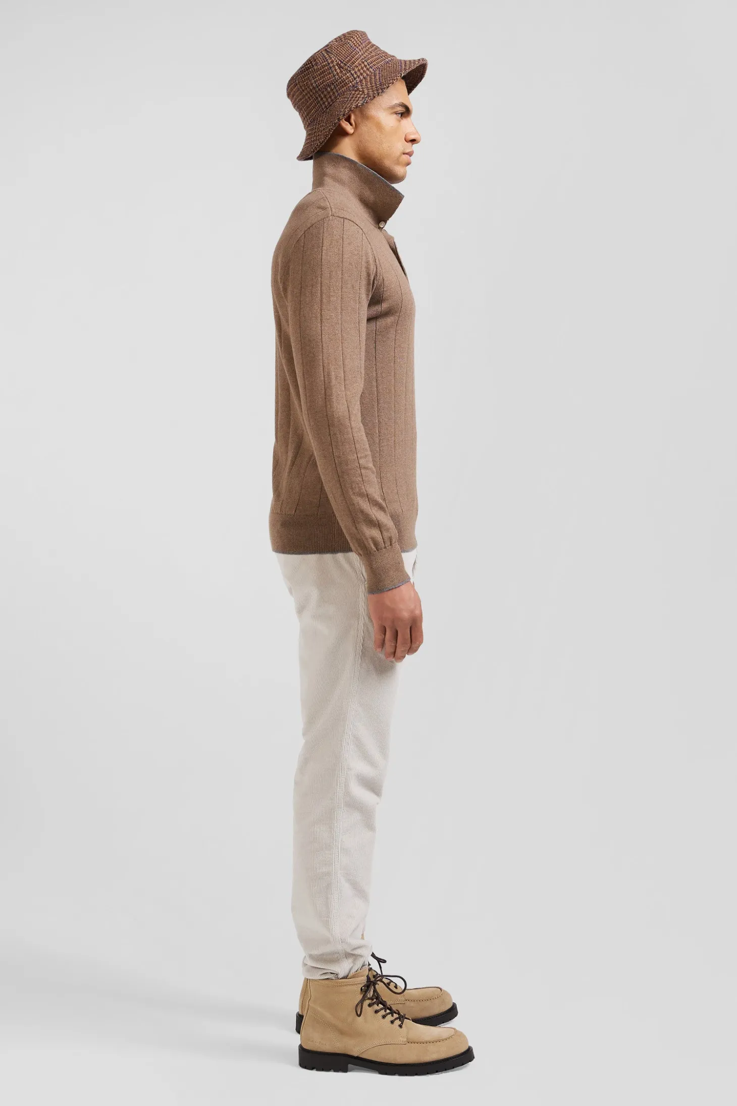 Regular brown cotton and cashmere jumper with rugby shirt collar