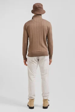 Regular brown cotton and cashmere jumper with rugby shirt collar
