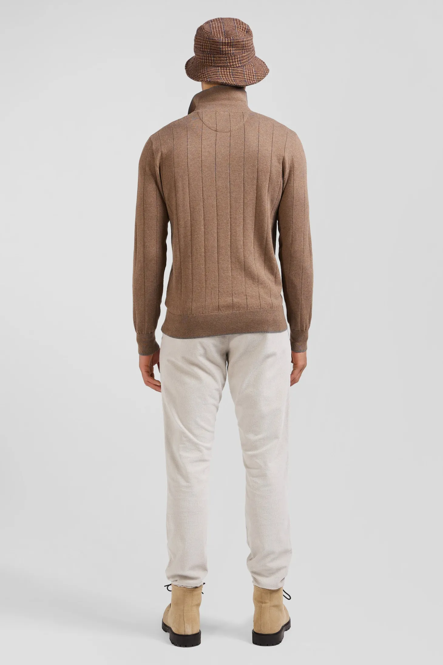 Regular brown cotton and cashmere jumper with rugby shirt collar