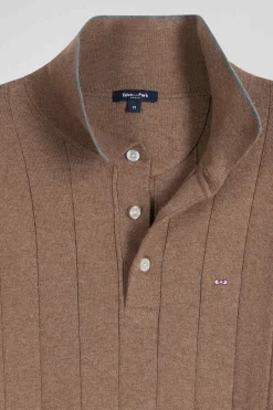Regular brown cotton and cashmere jumper with rugby shirt collar