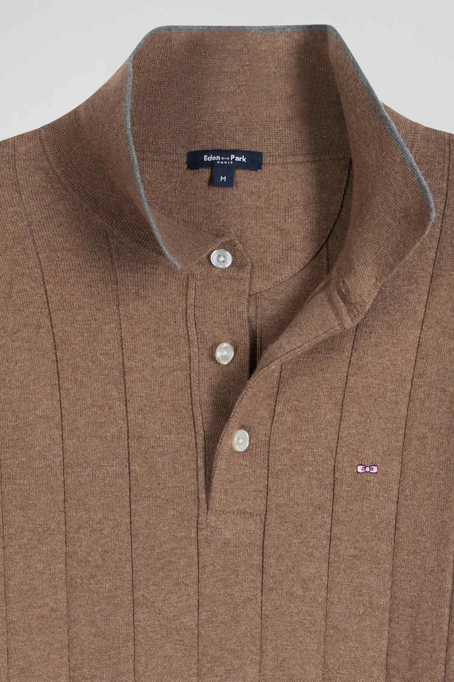 Regular brown cotton and cashmere jumper with rugby shirt collar
