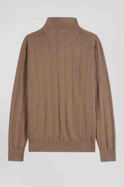 Regular brown cotton and cashmere jumper with rugby shirt collar