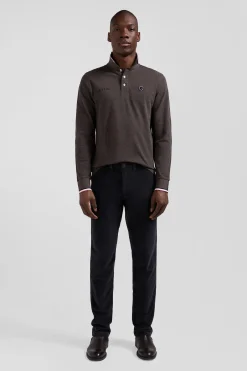 Regular brown long-sleeved cotton piqué polo shirt with tricolor details