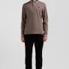 Regular brown long-sleeved cotton piqué polo shirt with rubber badge