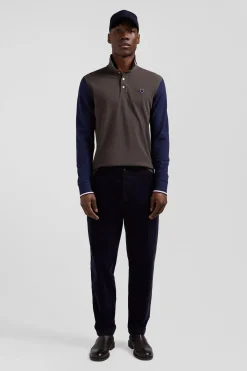 Regular brown long-sleeved cotton piqué polo shirt with jacquard collar and rubber badge