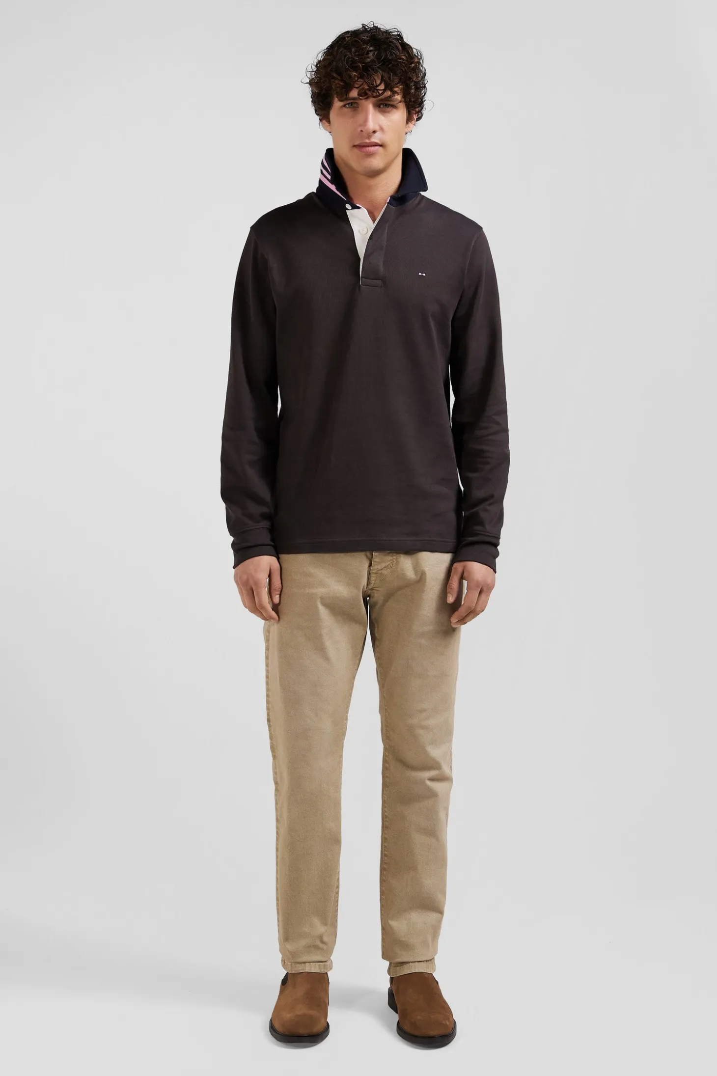 Regular brown long-sleeved Pima cotton rugby shirt