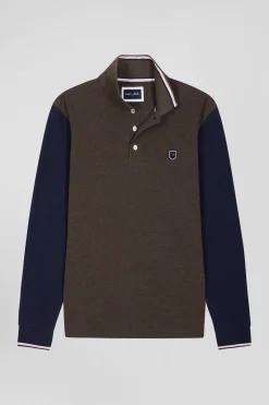 Regular brown long-sleeved cotton piqué polo shirt with jacquard collar and rubber badge