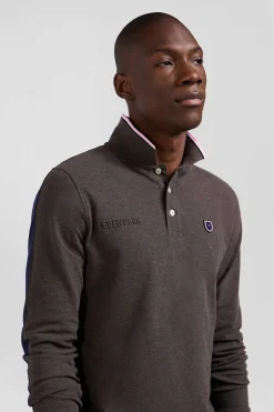 Regular brown long-sleeved cotton piqué polo shirt with tricolor details