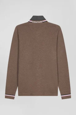 Regular brown long-sleeved cotton piqué polo shirt with rubber badge