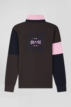 Regular brown long-sleeved cotton rugby shirt with tie fabric patchwork
