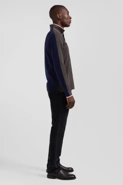 Regular brown long-sleeved cotton piqué polo shirt with tricolor details