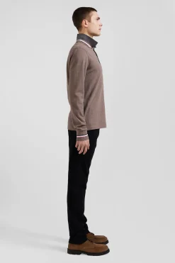 Regular brown long-sleeved cotton piqué polo shirt with rubber badge