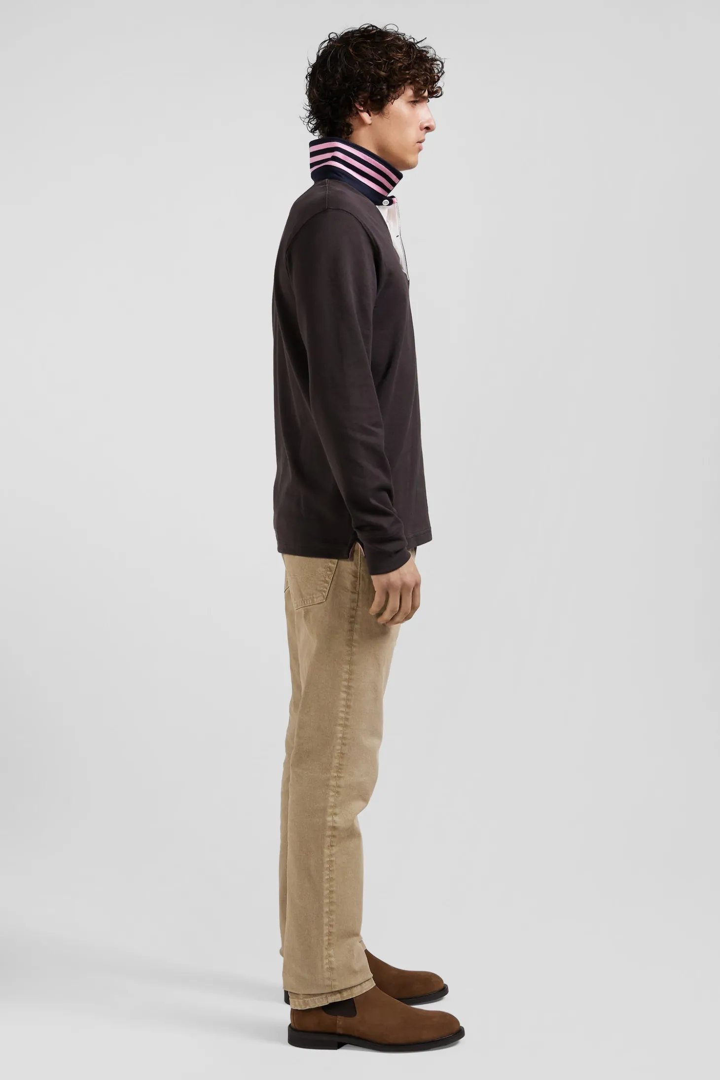 Regular brown long-sleeved Pima cotton rugby shirt