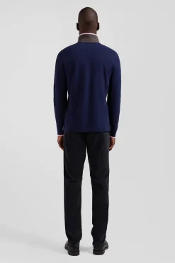 Regular brown long-sleeved cotton piqué polo shirt with tricolor details