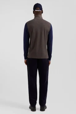 Regular brown long-sleeved cotton piqué polo shirt with jacquard collar and rubber badge