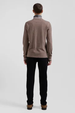 Regular brown long-sleeved cotton piqué polo shirt with rubber badge