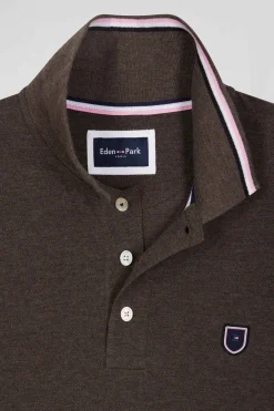 Regular brown long-sleeved cotton piqué polo shirt with jacquard collar and rubber badge