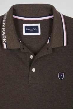 Regular brown long-sleeved cotton piqué polo shirt with jacquard collar and rubber badge