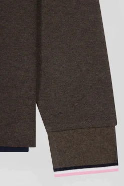 Regular brown long-sleeved cotton piqué polo shirt with tricolor details