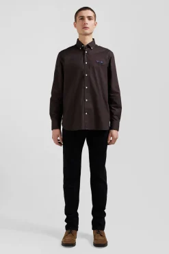 Regular brown oxford cotton shirt with striped bow tie detail