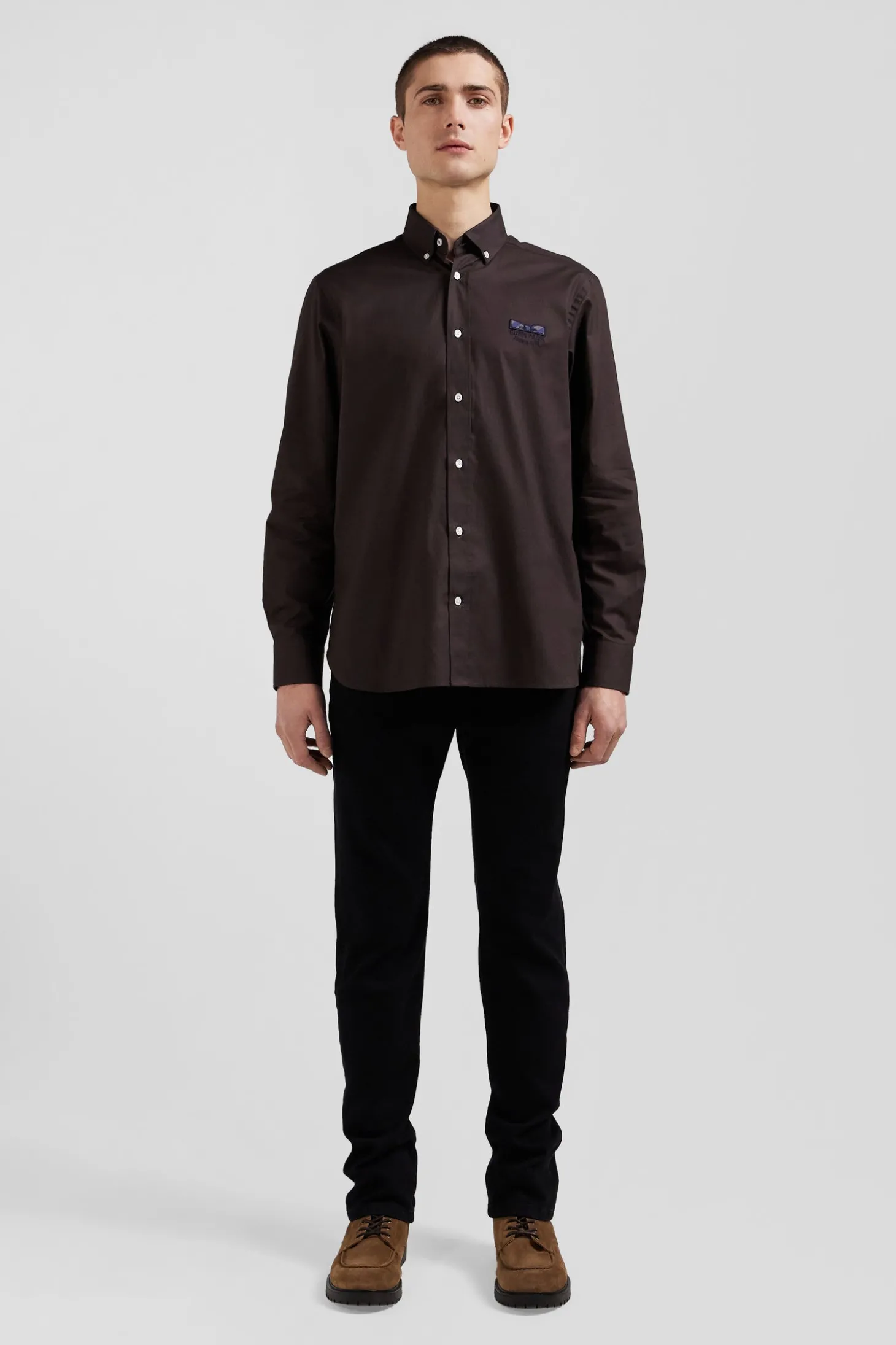 Regular brown oxford cotton shirt with striped bow tie detail