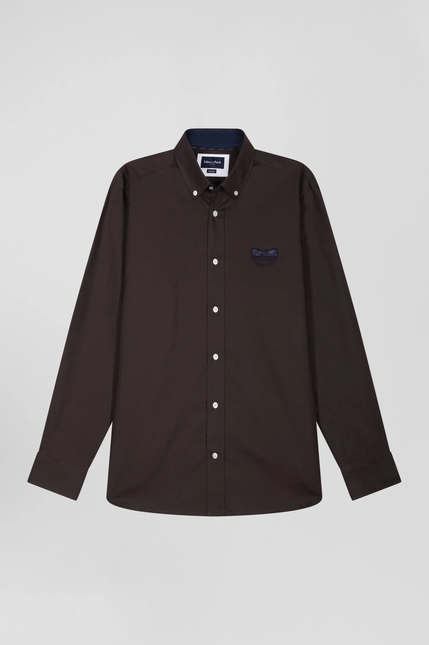 Regular brown oxford cotton shirt with striped bow tie detail