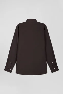 Regular brown oxford cotton shirt with striped bow tie detail