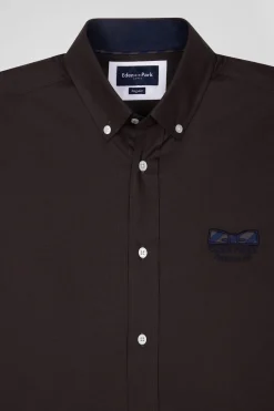 Regular brown oxford cotton shirt with striped bow tie detail
