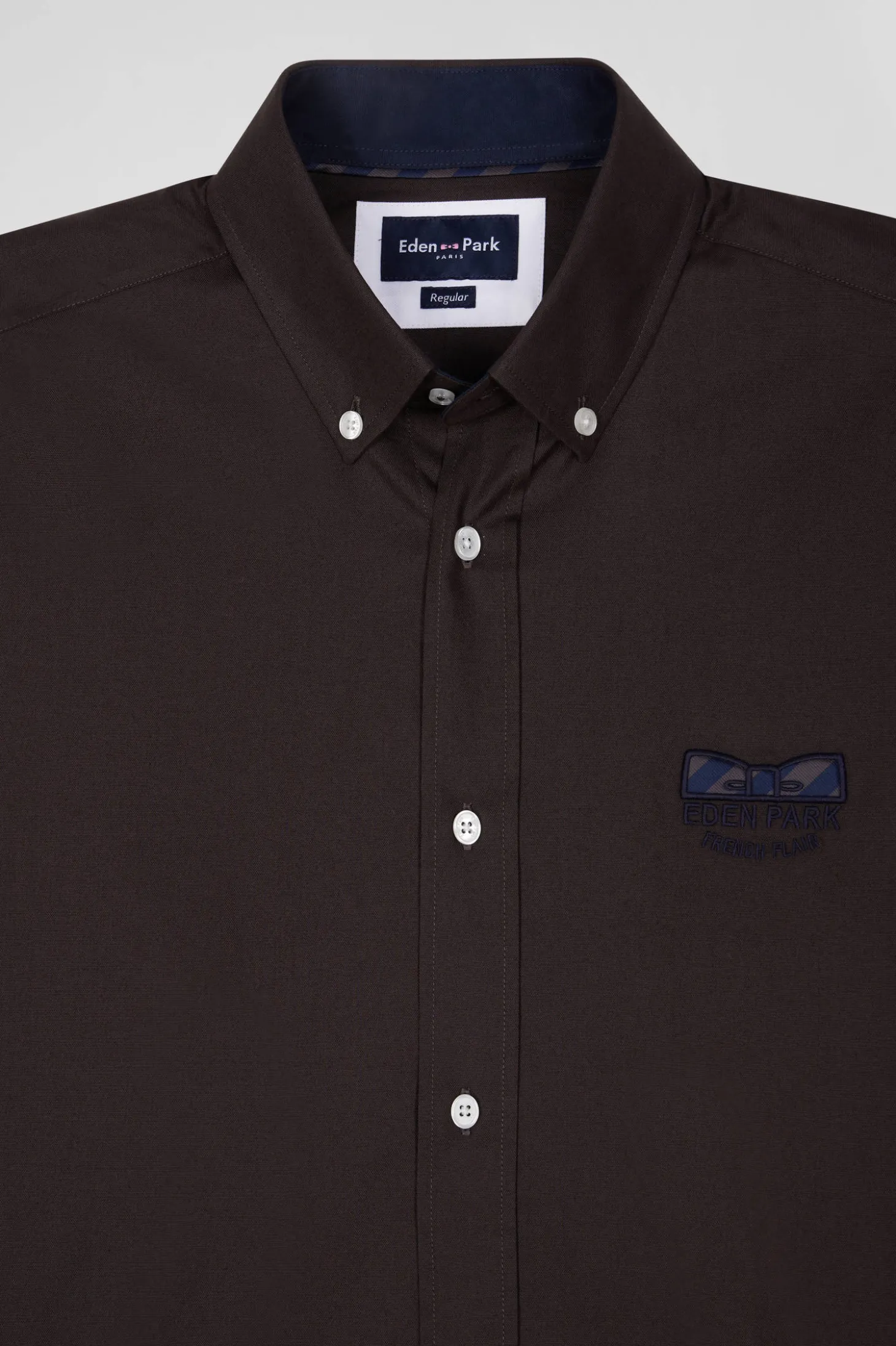 Regular brown oxford cotton shirt with striped bow tie detail