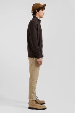 Regular brown plain wool and cotton zipped cardigan