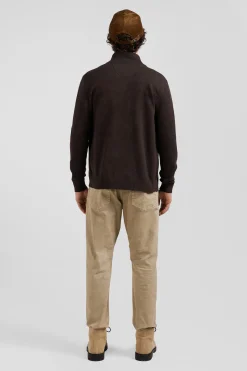 Regular brown plain wool and cotton zipped cardigan