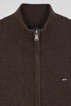Regular brown plain wool and cotton zipped cardigan